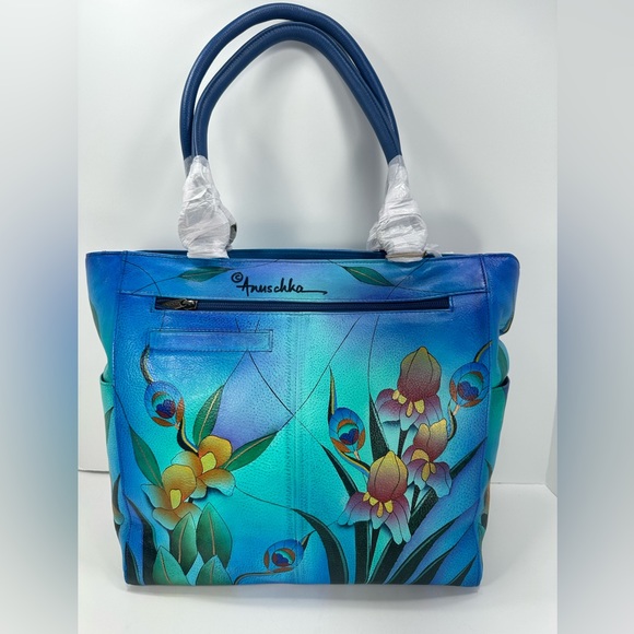 NEW - Anuschka Hand Painted Large Multi Compartment Tote Bag - Blue Peac… - Picture 2 of 11